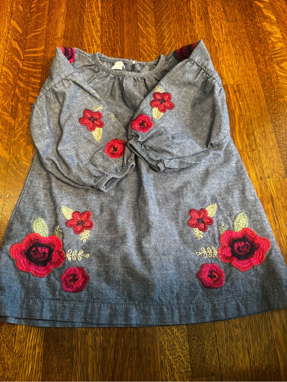 Mud Pie Chambray A-Line Skirt with Red Floral Embroidery
